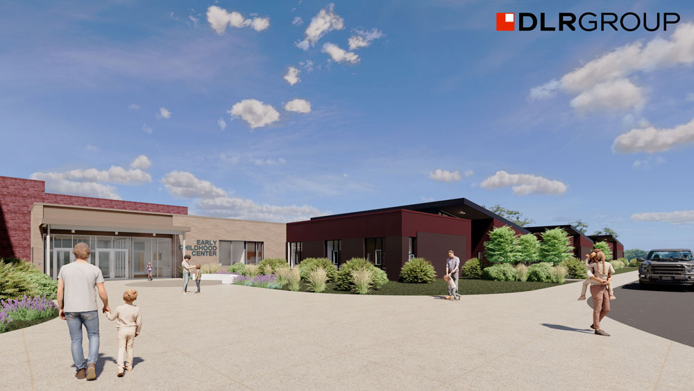 <b>This DLR Group rendering shows the new front entrance of the current Fort Madison Middle School once additions are completed to accommodate pre-kindergarten through fourth grade in a new Pre-K to 6 campus.</b> DLR Group image